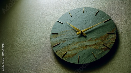 Wallpaper Mural A circular slate clock with minimalist markers is mounted on a textured beige wall, illuminated by soft ambient light, creating a serene atmosphere Torontodigital.ca