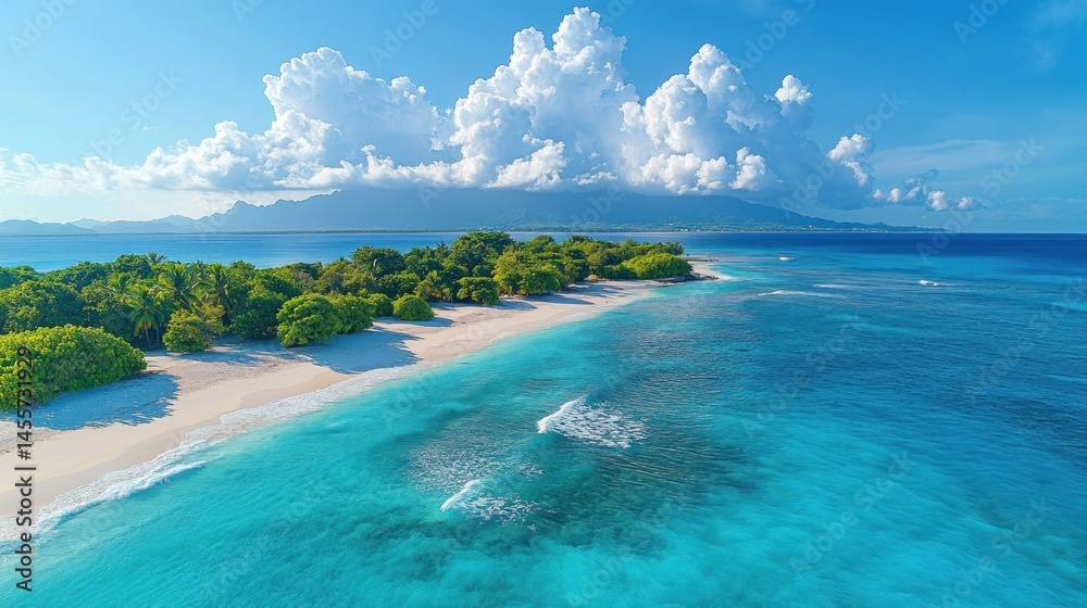 Obraz premium Tropical Island Paradise: Azure Waters, White Sands, Lush Greenery