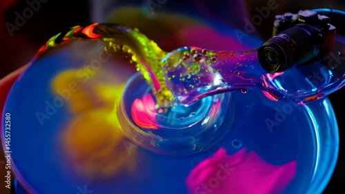 Vibrant, iridescent liquid pours from a camera lens into a glowing, curved glass dish