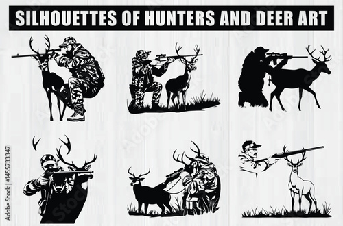 Silhouette Art of Hunters with Deer