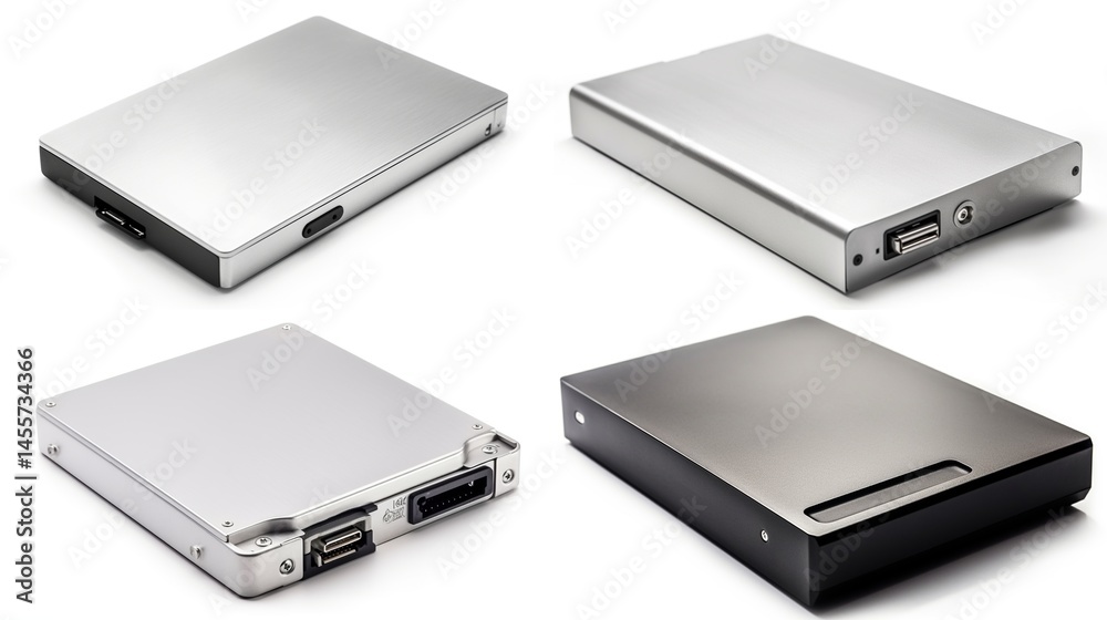 Four external hard drives in various colors and configurations Four external hard drives in various colors and configurations