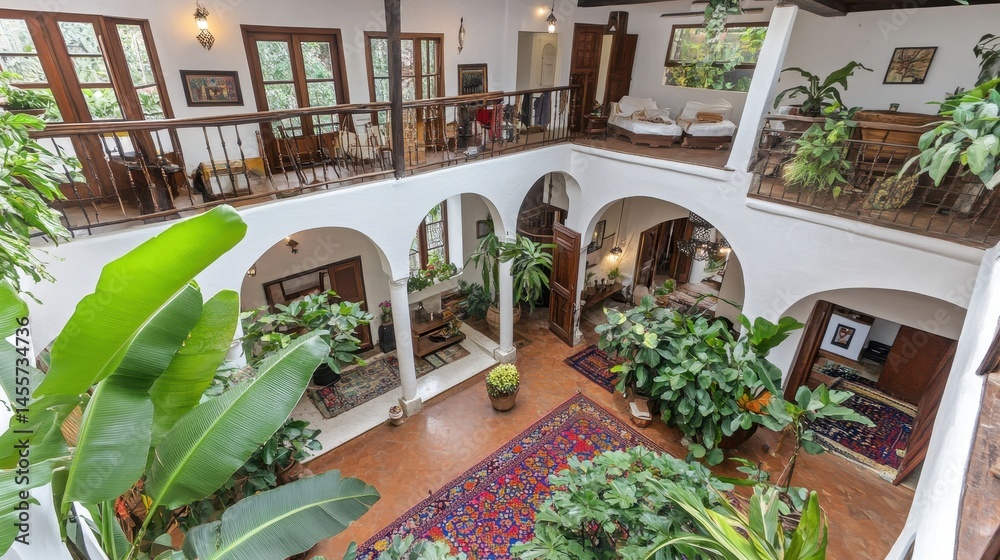 Indoor atrium design with lush tropical plants creating a serene, luxurious living space promoting wellness and biophilic architecture Indoor atrium design with lush tropical plants creating a serene, luxurious living space promoting wellness and biophilic architecture