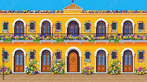 Colorful caribbean architecture facade with flowers and arched doorways bright vibrant illustrative building exterior showcasing island style photo