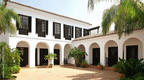Andalusian courtyard aesthetic with whitewashed walls creating an idyllic Mediterranean retreat for peaceful moments and inspiration photo