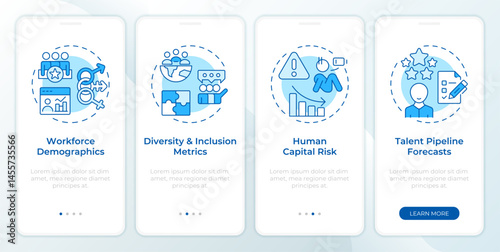 Workforce insights blue onboarding mobile app screen. HR analytics. Walkthrough 4 steps editable graphic instructions with linear concepts. UI, UX, GUI. Montserrat SemiBold, Regular fonts used