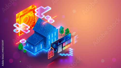 Smart home controlled phone. Internet of things technology of smart home automation system. Small digital 3d house standing next of screen phone with wireless connections with icons home devices. iot.