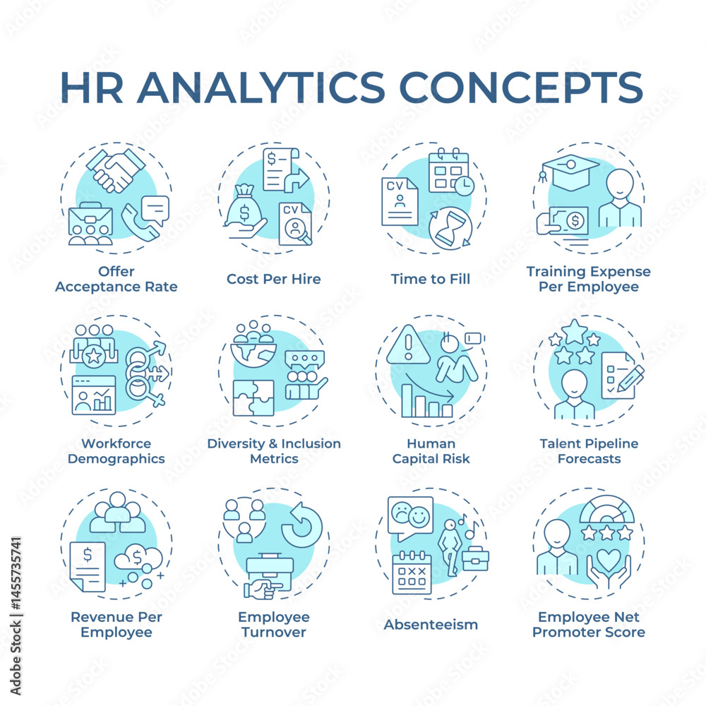 HR analytics soft blue concept icons. Workforces data research. Corporate employees hiring. Business strategy. Icon pack. Vector images. Round shape illustrations for booklet. Abstract idea