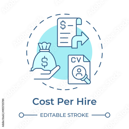 Cost per hire soft blue concept icon. Measuring total recruitment expenses. Hiring metric. Corporate employment. Round shape line illustration. Abstract idea. Graphic design. Easy to use blog post