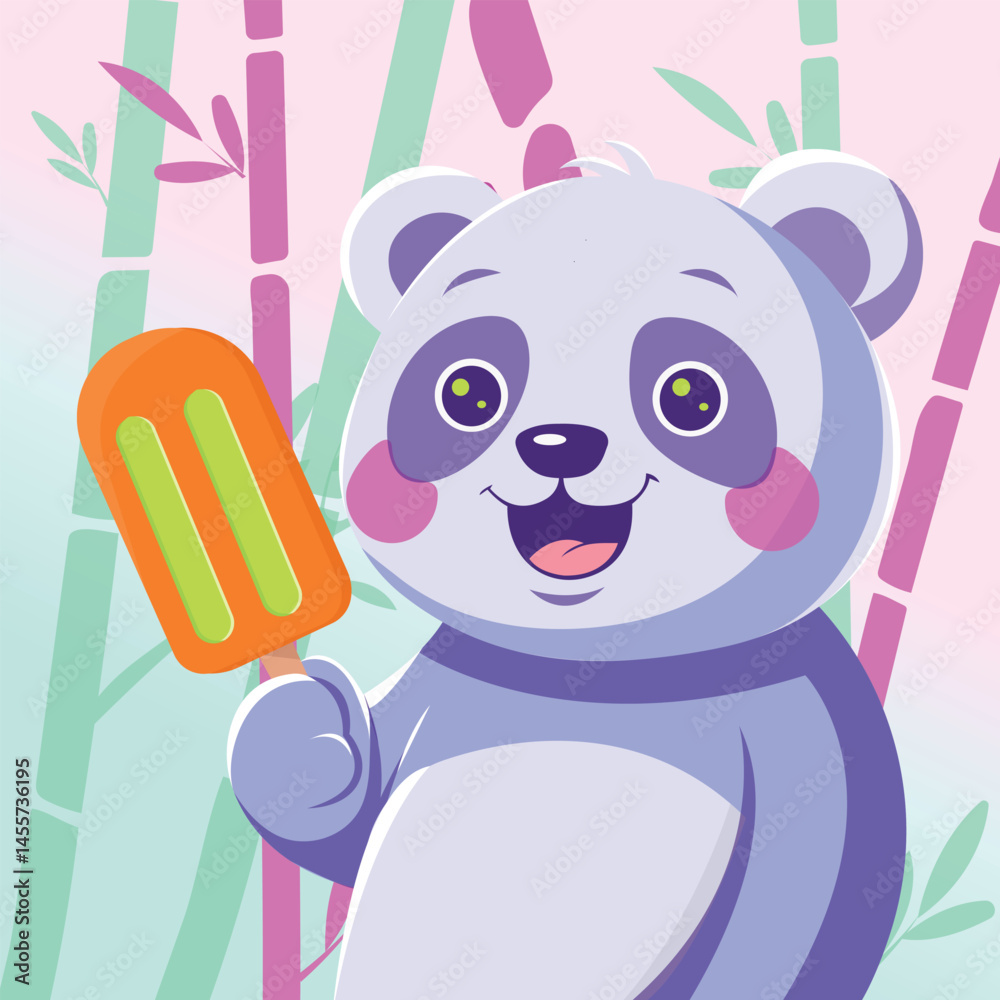 Cute cartoon panda with popsicle. Bright summer vector illustration with bamboo background. Perfect for children’s products, stickers, cards and kids apps.