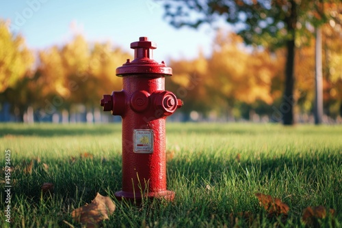 bright red hydrant on vivid green grass, wide-angle daytime shot