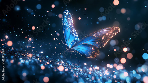 Butterfly-winged AI nanobot fluttering through soft glowing particles 