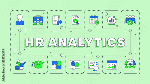 HR analytics mint green word concept. Company staff employment strategy. Recruitment planning. Typography banner. Vector illustration with title text, editable icons color. Hubot Sans font used
