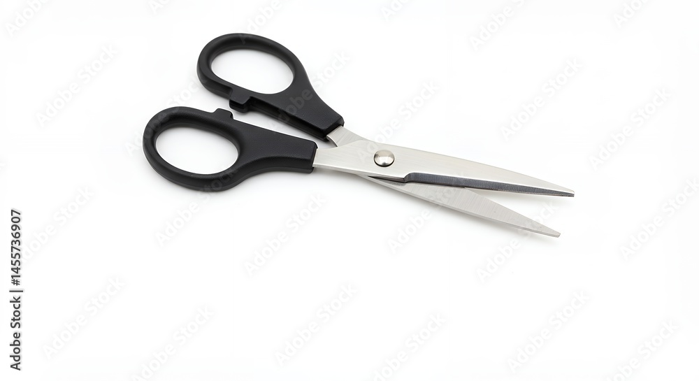 Open scissors isolated on white background metallic blades and black handles Open scissors isolated on white background metallic blades and black handles