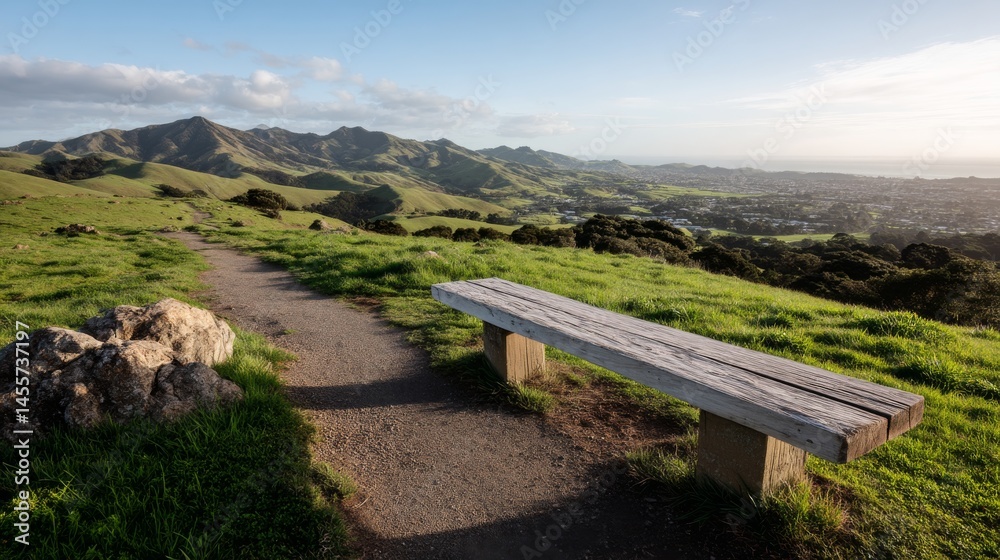 A weathered wooden bench on a grassy hillside offers a serene view of a tranquil valley bathed in soft evening light, with long shadows stretching across the landscape