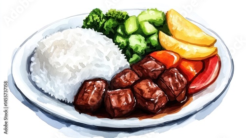 Wallpaper Mural Watercolor meal with meat rice and vegetables Torontodigital.ca