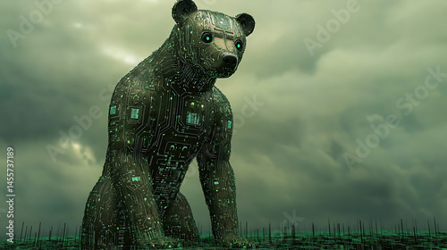 Bear-inspired AI nanobot standing tall in a field of reactive circuits 