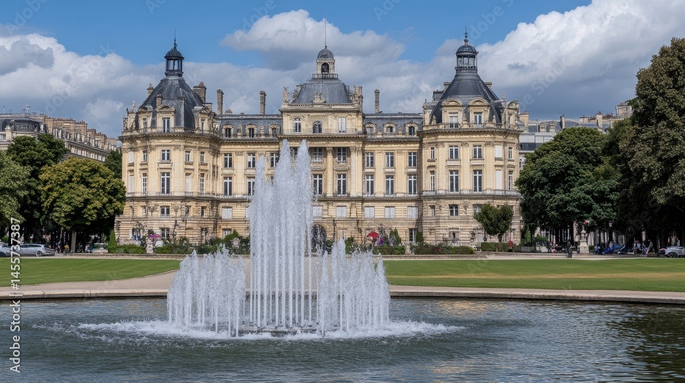 Fototapeta premium Splendor in France, A Grand Chateau Reflecting History and Majesty Behind a Glistening Fountain Under a Clear Sky