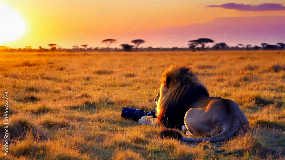 Majestic male lion resting in golden savanna at sunset Majestic male lion resting in golden savanna at sunset