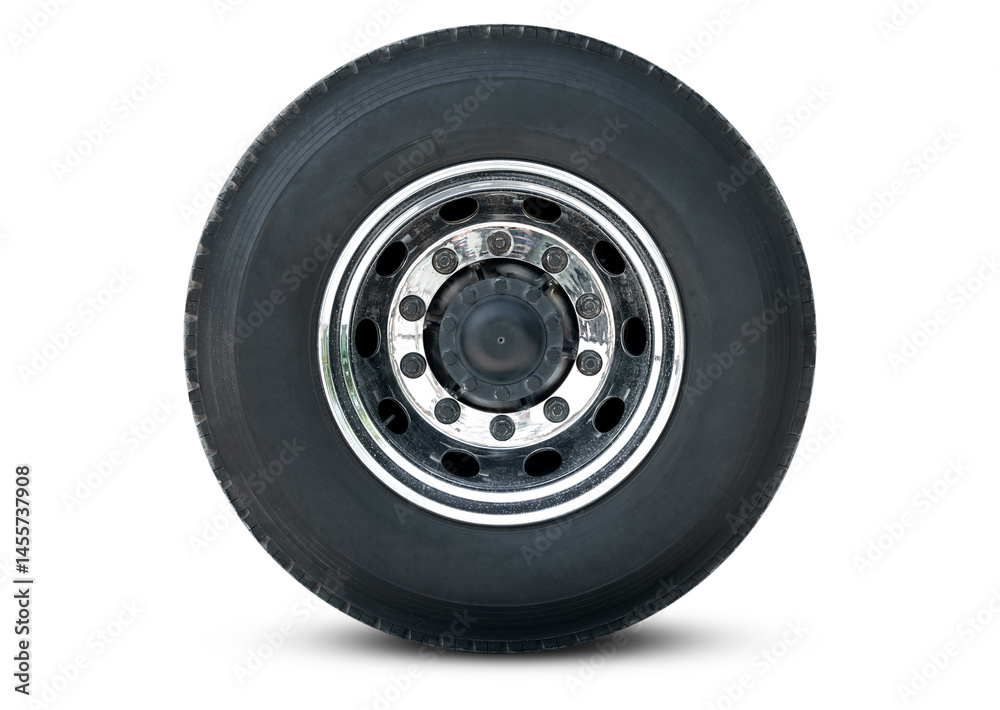 Fototapeta premium Big Truck Wheels Tire on White Background, Chrome Rims, Alloy Wheels. Big rig, Semi Trailer Truck Wheels. Freight Truck Logistics Transport.