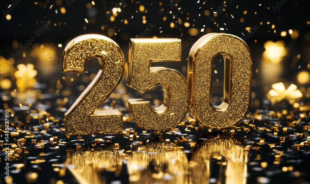 Shiny Golden 250 Number with Confetti and Sparkles on Black Background Shiny Golden 250 Number with Confetti and Sparkles on Black Background