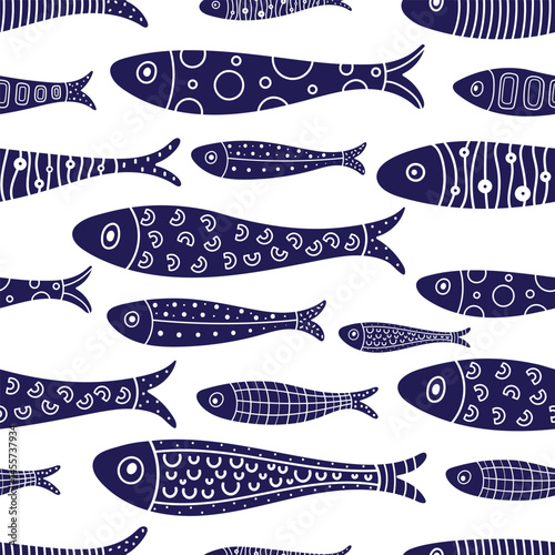 Blue  sardines. Kids background. Seamless pattern. Can be used in textile industry, paper, background, scrapbooking. Advertising, menu or packaging design elements.