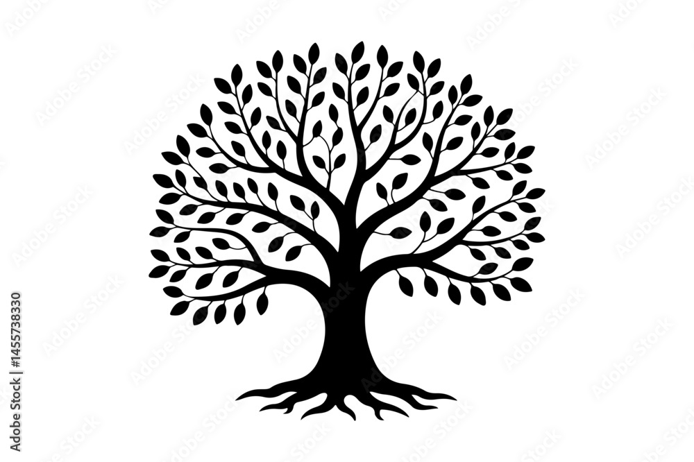 Black silhouette of a tree with detailed roots and foliage