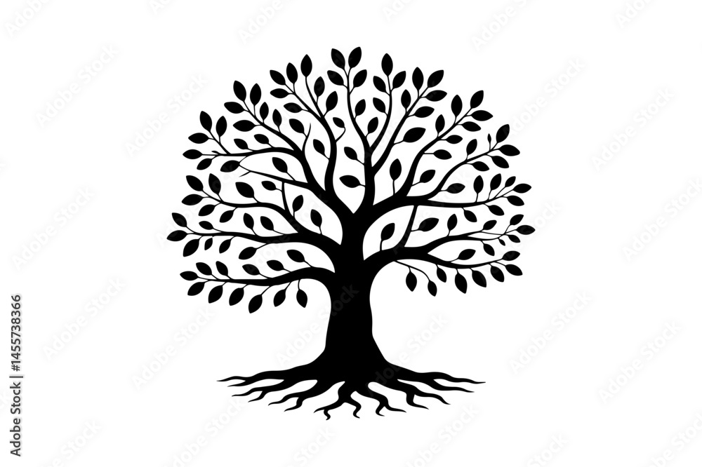 Naklejka premium Black silhouette of a tree with detailed roots and foliage