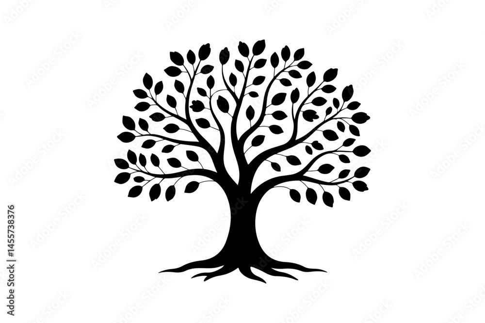 Obraz premium Black silhouette of a tree with detailed roots and foliage
