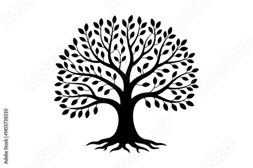 Black silhouette of a tree with detailed roots and foliage
