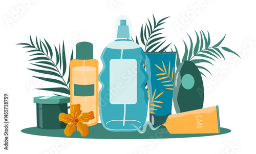 vectarillustration in flat style - cosmetics with tropical leaves