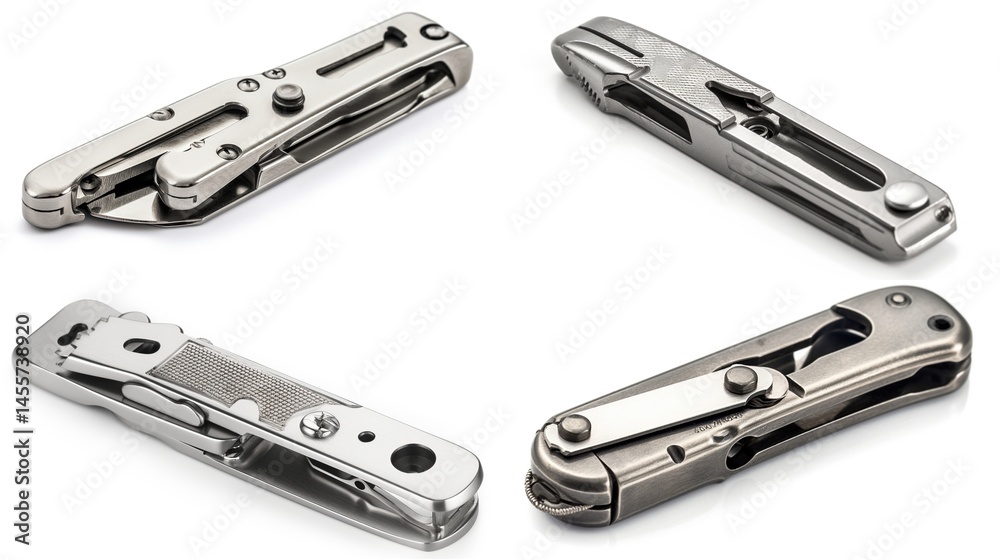 Four multi-tool knives arranged in a circle, showcasing various features and mechanisms Four multi-tool knives arranged in a circle, showcasing various features and mechanisms