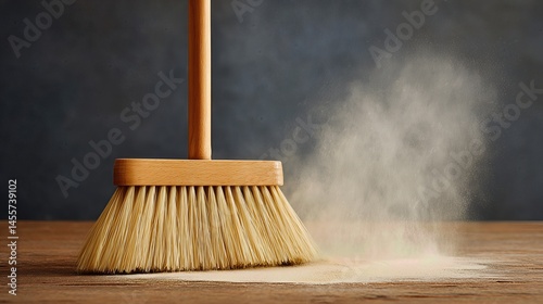 A close-up of a broom sweeping dust into a pile, creating a cloud of particles, highlighting the act of cleaning and maintaining a tidy home.
