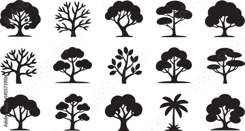This title reflects the diverse types of trees shown, highlighting their unique shapes and forms in a minimalist style. It emphasizes the natural variety found in different tree species.