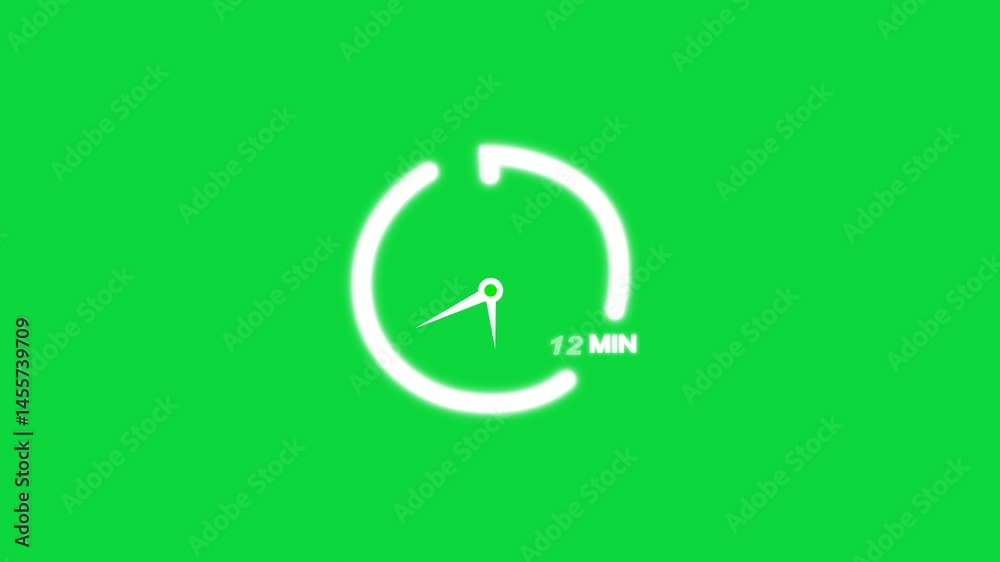 12 minutes timer clock animation on green screen transparent background. stopwatch icon. 12 minute timer video. time indicator. time measure, chronometer icon 12 minutes, countdown sign.
