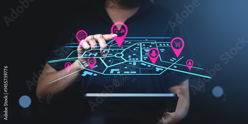 Logistics management system with digital map interface on tablet device for delivery tracking. photo