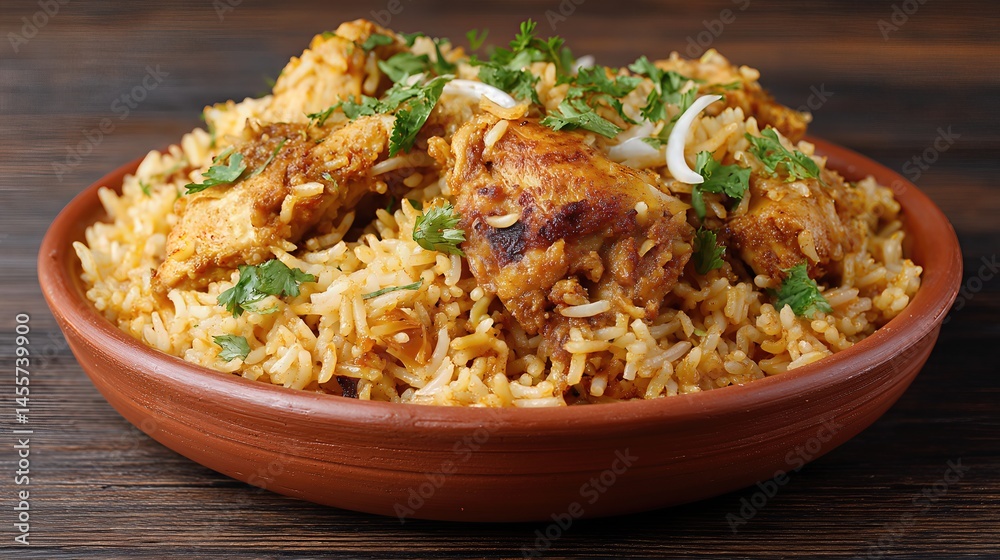 A flavorful chicken biryani, served on a ceramic plate with fragrant rice, tender chicken pieces, and aromatic spices, making it the perfect Asian dish for lunch or dinner.
A flavorful chicken biryani, served on a ceramic plate with fragrant rice, tender chicken pieces, and aromatic spices, making it the perfect Asian dish for lunch or dinner.
