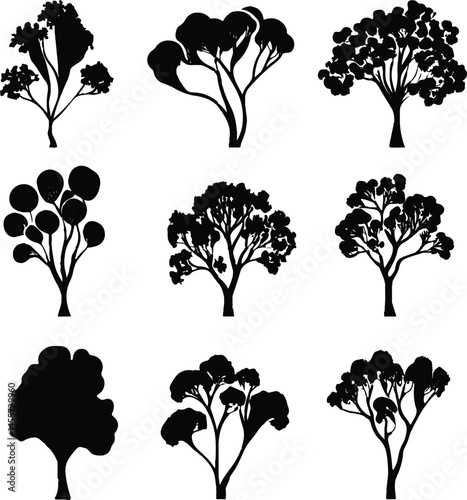 A vector set features black tree silhouettes, an illustration of nature's diverse collection including oak, pine, and palm