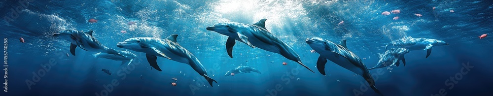 Fototapeta premium Majestic dolphins gracefully swimming in the ocean depths.