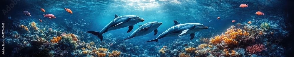 Obraz premium Three dolphins swimming through a vibrant coral reef.