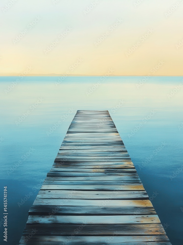 Obraz premium Serene wooden pier extending into calm waters at sunset, evoking tranquility and reflection