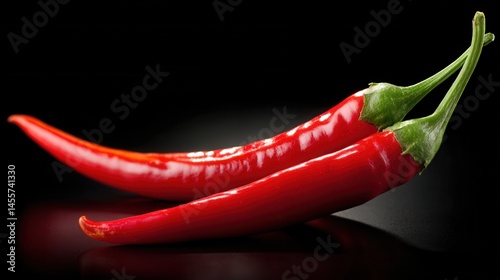 Pair of Red Chili Peppers on a Black Background with Reflections and Shiny Texture Close Up