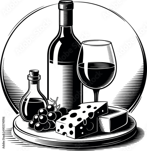 A black and white woodcut illustration of a wine tasting scene arranged on a circular plate. Black and white illustration of a wine bottle, glass, and grapes.