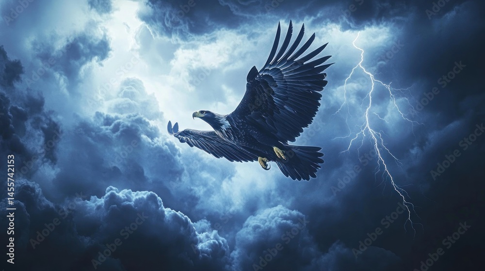 Fototapeta premium Majestic eagle in dramatic stormy sky powerful flight dark feathers lightning bolt