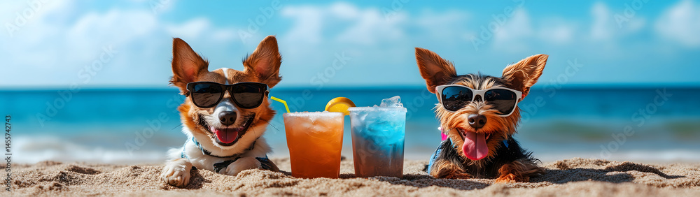 Dogs chill on the beach with drinks, created with Generative AI technology
