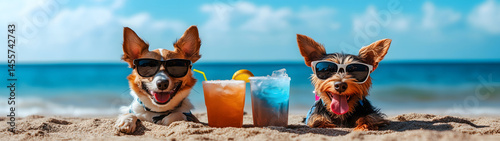 Obraz na płótnie Dogs chill on the beach with drinks, created with Generative AI technology w salonie
