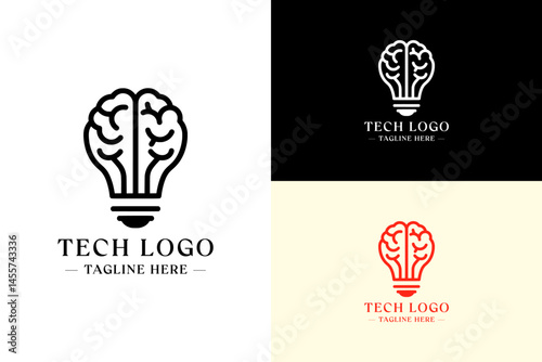 illustration of lightbulb filament made with brain, icon, vector logo for tech, cloud computing, artificial intelligence, database, data center, information technology, creativity, and more