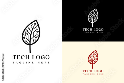 illustration of leaf with circuit web veins inside, abstract, vector logo for artificial intelligence, information technology, internet of things, green energy, eco friendly, and more