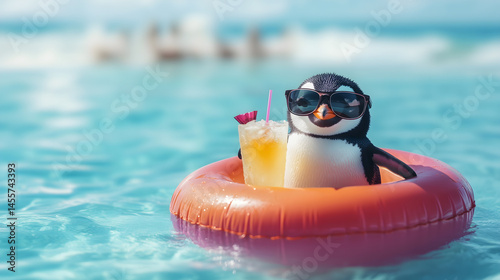 Obraz na płótnie Penguin relaxes in pool, created with Generative AI technology w salonie