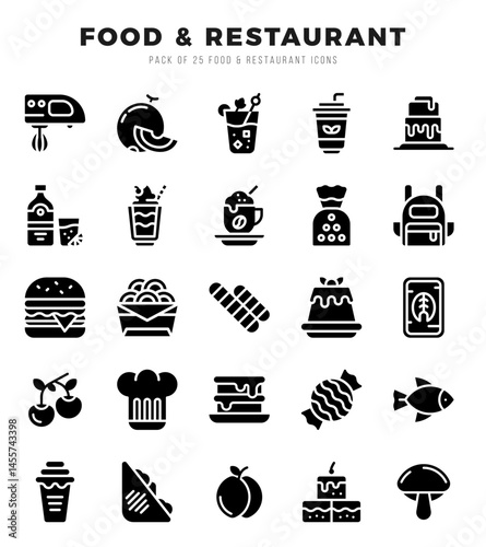 Set of 25 Food and Restaurant Glyph Icons Pack.