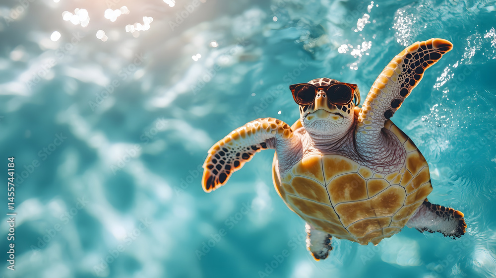 Turtle swims in blue water, stylish, created with Generative AI technology